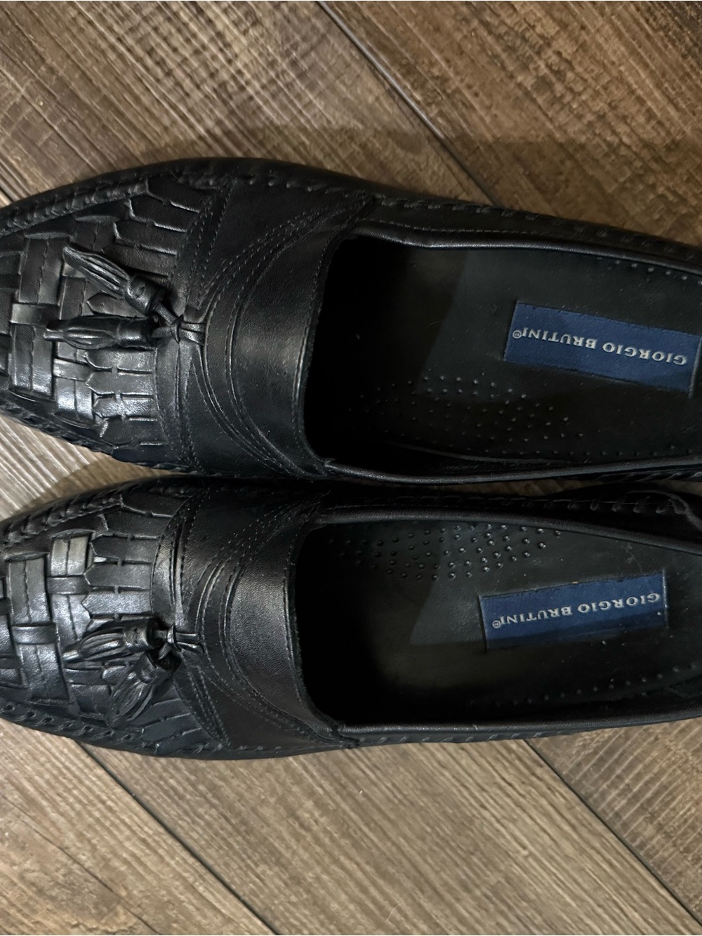 Giorgio Brutini Black Leather Tassel Woven Slip-On Loafers